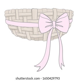 Hand-drawn wicker basket with pink bow for flowers, berries or mushrooms. Isolated vector elements on white background.