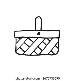 A hand-drawn wicker basket. Vector illustration isolated on a white background. Black and white, contour.