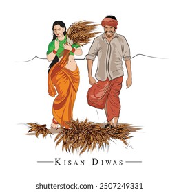 Hand-drawn wife husband illustration, A couple walking in their field, Vector illustration of Indian farmers