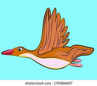Hand-drawn wild duck bird in flight on a blue background. For textile and packaging design.