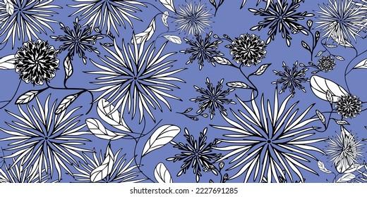 Hand-drawn wild floral vector seamless pattern. Repeatable  texture design for print, fabric, textile, and wallpaper on blue background