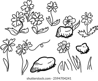 Hand-drawn wild flower vector doodles. Nine unique flowers, rocks, and a butterfly. Welcome springtime!