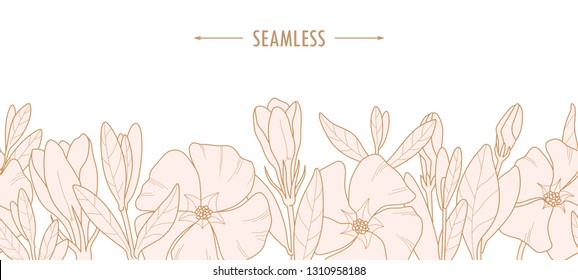 Hand-drawn wild flowers and leaves. Vector periwinkle flowers for invitation, wedding or greeting cards. Light pink botanic elements isolated on white background. Seamless.