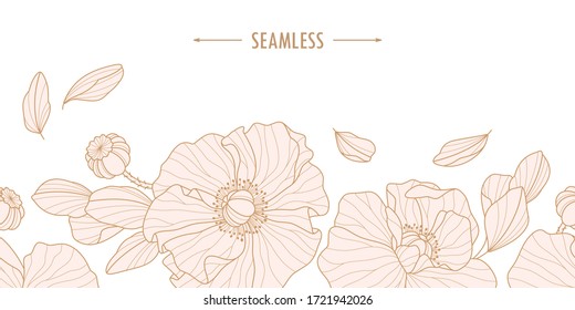 Hand-drawn wild flowers and leaves. Vector poppy flowers for invitation, wedding or greeting cards. Light pink botanic elements isolated on white backgroun. Seamless.