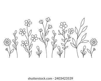 Hand-drawn wild flowers sketch set isolated on white background. Spring herbal design. 
Black Silhouettes Of Grass, Flowers And Herbs.