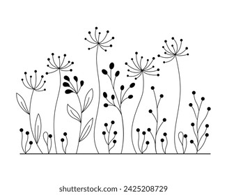 Hand-drawn wild flowers sketch set isolated on white background. Spring herbal design. Black Silhouettes Of Grass, Flowers And Herbs.