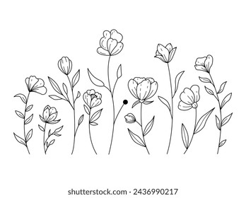 Conjunto de dibujo de flores silvestres dibujado a mano aislado sobre fondo blanco. Diseño de hierbas de primavera. Siluetas Negras De Hierba, Flores Y Hierbas.