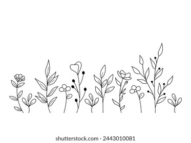 Hand-drawn wild flowers sketch set isolated on white background. Spring herbal design. Black Silhouettes Of Grass, Flowers And Herbs.