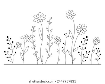 Hand-drawn wild flowers sketch set isolated on white background. Spring herbal design. Black Silhouettes Of Grass, Flowers And Herbs.