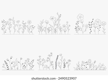 Hand-drawn wild flowers sketch set isolated on white background. Spring herbal design. Black Silhouettes Of Grass, Flowers And Herbs.