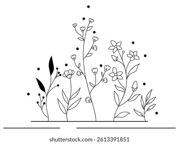 Hand-drawn wild flowers sketch set isolated on white background. Spring herbal design. Black Silhouettes Of Grass, Flowers And Herbs.