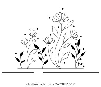 Hand-drawn wild flowers sketch set isolated on white background. Spring herbal design. Black Silhouettes Of Grass, Flowers And Herbs.