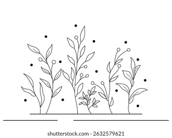 Hand-drawn wild flowers sketch set isolated on white background. Spring herbal design. Black Silhouettes Of Grass, Flowers And Herbs.