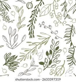 Hierbas y plantas silvestres dibujadas a mano. Patrón sin fisuras de Vector. 