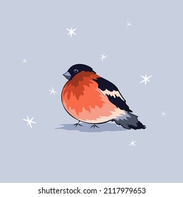 Hand-drawn wild wintering small tomtit with pinkish plumes on chest. Natural animalistic seasonal vector illustration. Eurasian bullfinch under snowflakes on blue background in simple flat style.