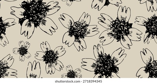 Flores silvestres dibujadas a mano Patrón sin fisuras en estilo de tinta minimalista sobre un fondo beige neutro. Bloques botánicos de Antiguas. Ideal para diseño textil, Fondo de pantalla y temática bohemia