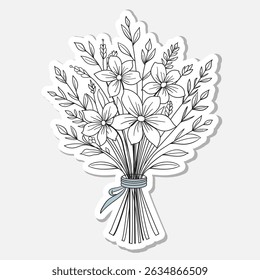 Hand-Drawn Wildflower Bouquet Sticker Botanical Line Art Illustration with Ribbon Bow
