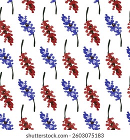Hand-Drawn Wildflower Seamless Pattern in Red and Blue on White