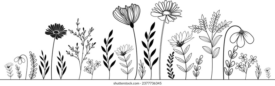 Hand-drawn wildflowers meadow. Black and white doodle wildflowers and grass plants. Monochrome floral elements.