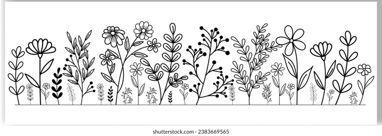 Flores silvestres dibujadas a mano pradera. Flores silvestres de doodles negros y blancos y plantas de césped. Elementos florales monocromos.