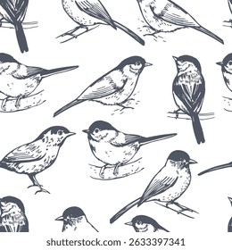 Peça de salgueiro desenhada à mão (Poecile montanus). Padrão sem emenda do vetor.
