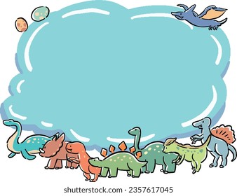 Hand-drawn wind cloud shape frame illustration of dinosaurs svg