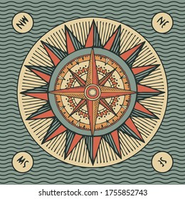 Hand-drawn wind rose, sun and old nautical compass in retro style. Vector illustration on the theme of travel, adventure and discovery on the background with waves