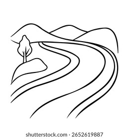 Handdrawn a winding road through hills with a tree on a hillock landscape