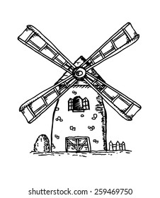 Hand-drawn Windmill Illustration Isolated on White background. Blck and White Editable Vector EPS10 and jpg illustration.