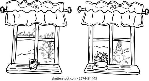 Hand-drawn window vector doodle set. Cute windows looking at a winter scene of birds, pine trees, and a snowman. Enjoy the beauty of winter from a warm and cozy window.