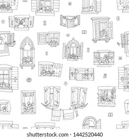 Hand-drawn windows seamless patter. Black and white line pattern 