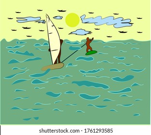 Hand-drawn windsurfing on the sea waves under the bright sun. Background in a sports-sailing style on a light blue background. Vector image for your design textile and packaging.