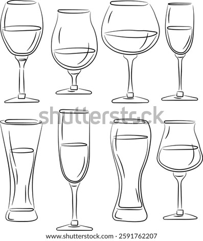 Hand-Drawn Wine and Beer Glasses Vector Illustration Set