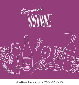 Coleção de elementos de vinho e queijo desenhados à mão sobre fundo branco