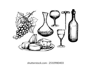 Ilustrações de degustação de vinho e queijo desenhadas à mão. Design de ícone de vetor.