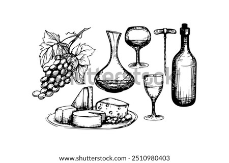 Hand-drawn wine and cheese tasting illustrations. Vector icon design.
