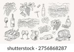 Hand-drawn wine elements in elegant sketch style. Vines, bottles, glasses, barrels, and tools depicted. Rural vineyard scenes with rolling hills and rustic charm. Perfect for menus, labels