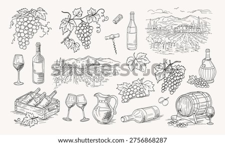Hand-drawn wine elements in elegant sketch style. Vines, bottles, glasses, barrels, and tools depicted. Rural vineyard scenes with rolling hills and rustic charm. Perfect for menus, labels