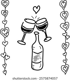 Hand-drawn wine vector doodle. Two wine glasses and a bottle of wine with heart borders. Cheers to love, life, and happiness.