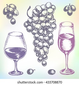 Hand-drawn wine vector. Grape wine or beverage drink set. Ink drawn grape wine illustration with wine, grape, wine tumbler, wine glass, grapes, grape bunches, grape berries.