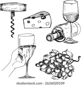 Hand-drawn wine-themed sketch with glass in hand, bottle, Black and white hand-drawn wine sketch featuring a hand holding a glass, wine bottle, grapes, and corkscrew — elegant line art.
