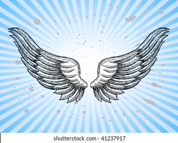 Hand-Drawn wings Over Sunburst