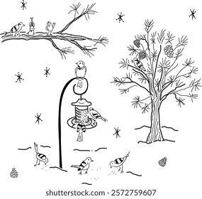 Hand-drawn winter bird vector doodle. Sparrows at bird feeder with pine trees on white background. Snowy winter scene for bird lovers.