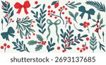 Hand-drawn winter botanical vector set with holly, pine branches, red berries, mistletoe and leaves. Flat modern Christmas clipart for holiday decoration and design.