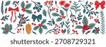 Hand-drawn winter botanical vector set with holly, pine branches, red berries, mistletoe and leaves. Flat modern Christmas clipart for holiday decoration and design.