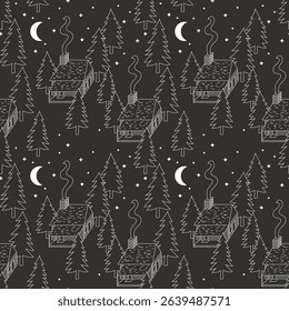 Hand-drawn winter cabin pattern with pine trees, snow, and crescent moons. A cozy black and white design perfect for holiday themes, winter textiles, and rustic decor.