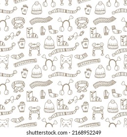 A hand-drawn winter clothing. Seamless pattern. Endless ornament. Vector illustration in doodle style. Winter mood. Hello 2023. Merry Christmas and Happy New Year. Brown elements on a white background