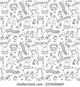 Ropa de invierno hecha a mano. Patrón sin foco. Ornamento sin fin. Ilustración vectorial en estilo doodle. Ánimo de invierno. Hola 2023. Feliz Navidad y Feliz Año Nuevo. Elementos negros sobre un fondo blanco