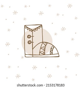 A hand-drawn winter clothing. Vector illustration in doodle style. Winter mood. Hello 2023. Merry Christmas and Happy New Year. Brown boot with ornament on a white background with snowflakes.