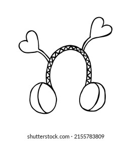A hand-drawn winter clothing. Vector illustration in doodle style. Winter mood. Hello 2023. Merry Christmas and Happy New Year. Black earmuff with ornament and hearts on a white background.